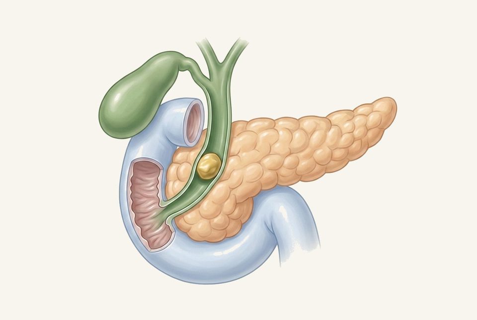 Soft anatomie illustratie van een galsteen in de galweg, met pancreas en duodenum als context
