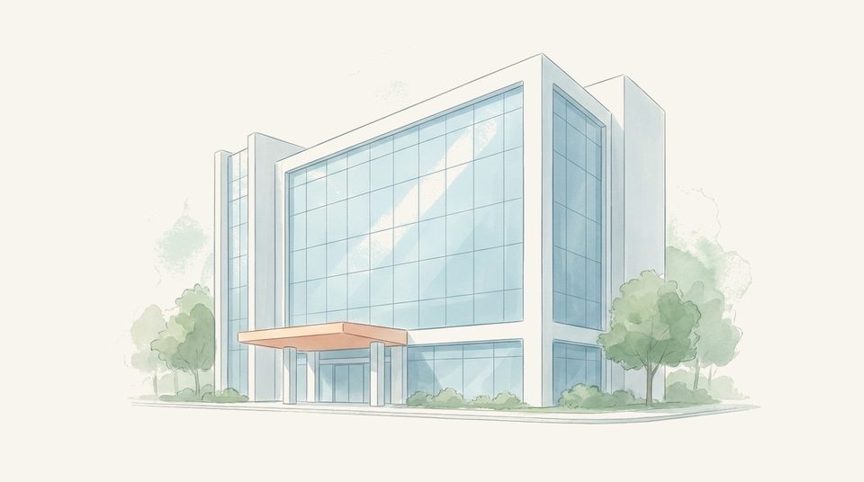 Soft watercolor illustratie van een rustig modern ziekenhuisgebouw met groene bomen