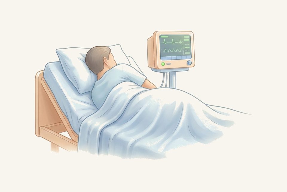 Soft watercolor illustratie van een ziekenhuisbed met monitor en pale-blue dekens