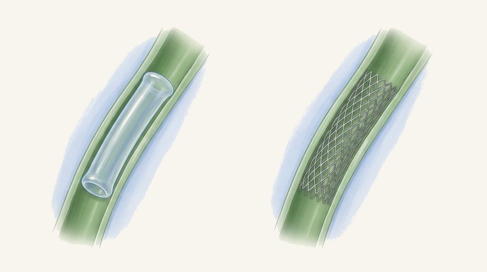 Soft anatomie illustratie van een plastic en metalen stent in de galweg, naast elkaar